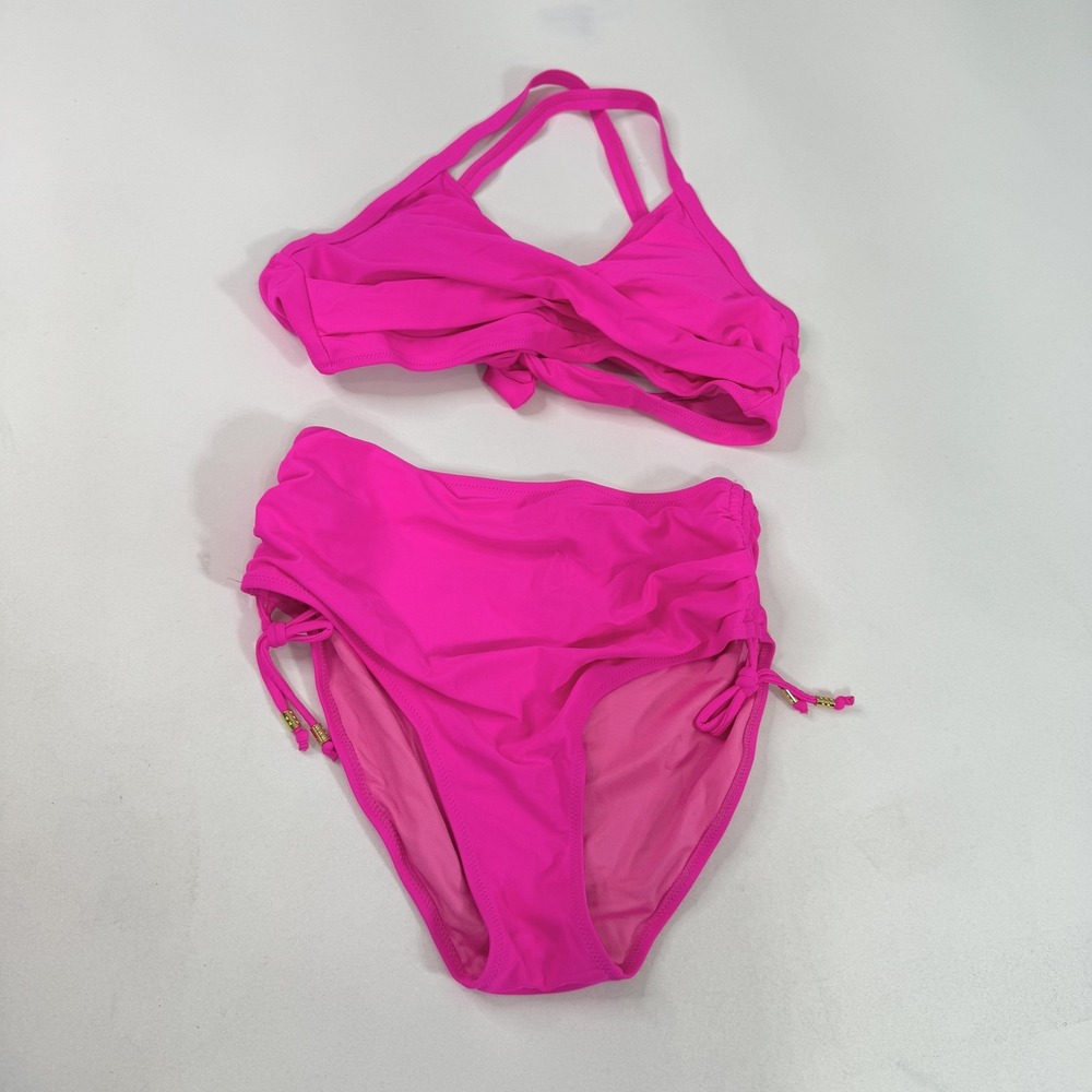 Blooming Jelly Bikini Womens Medium Hot Pink High Waist Ruched Two Piece Set